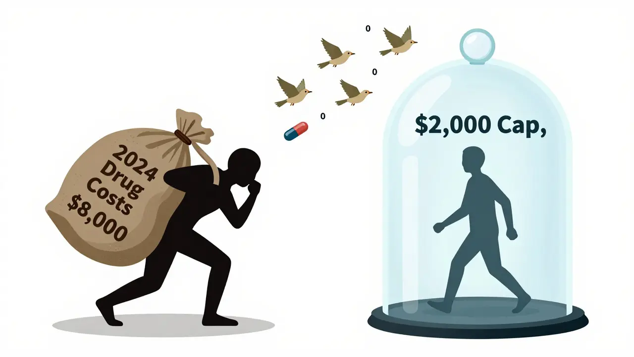 A person sheds a heavy debt sack to walk freely under a ,000 cap, with pill-birds flying above them.