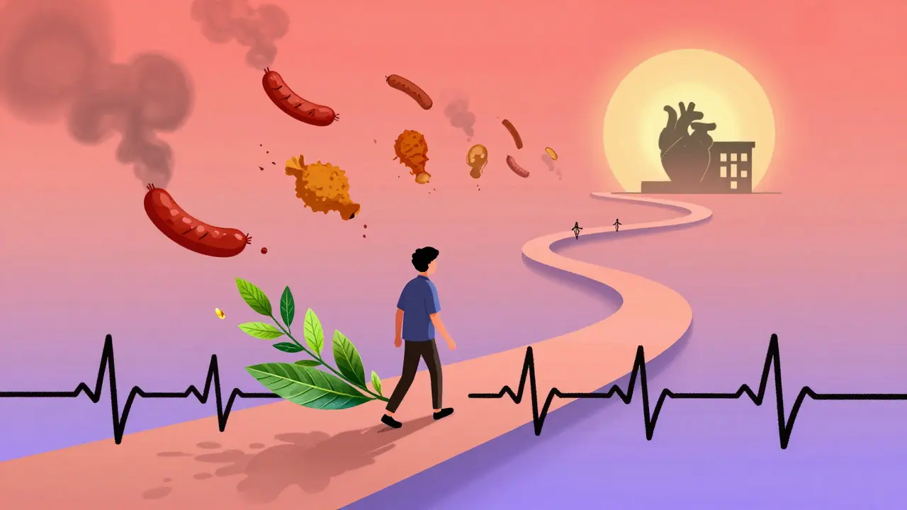 A person walking on a heartbeat path, with healthy foods blooming and unhealthy ones dissolving into smoke.