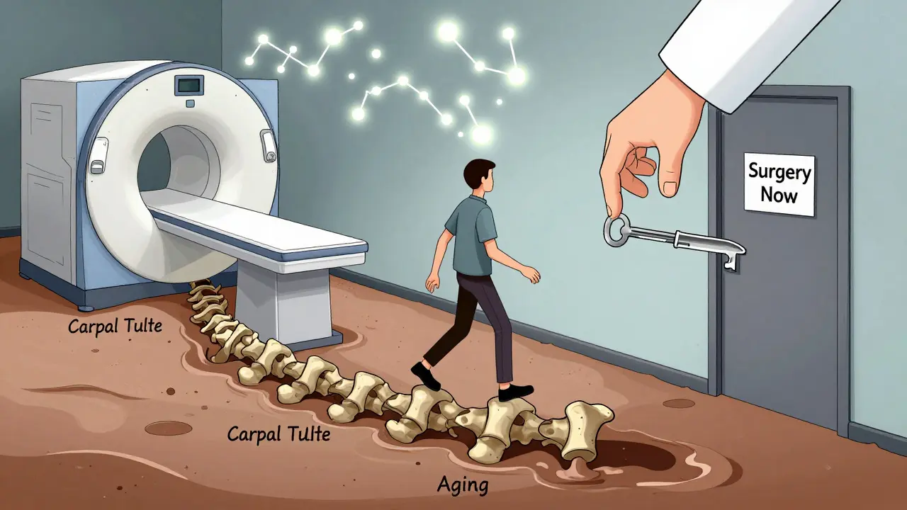 A person walking on a tilting spine-floor with floating limbs, while an MRI projects warning lights above them and a scalpel-key hovers nearby.