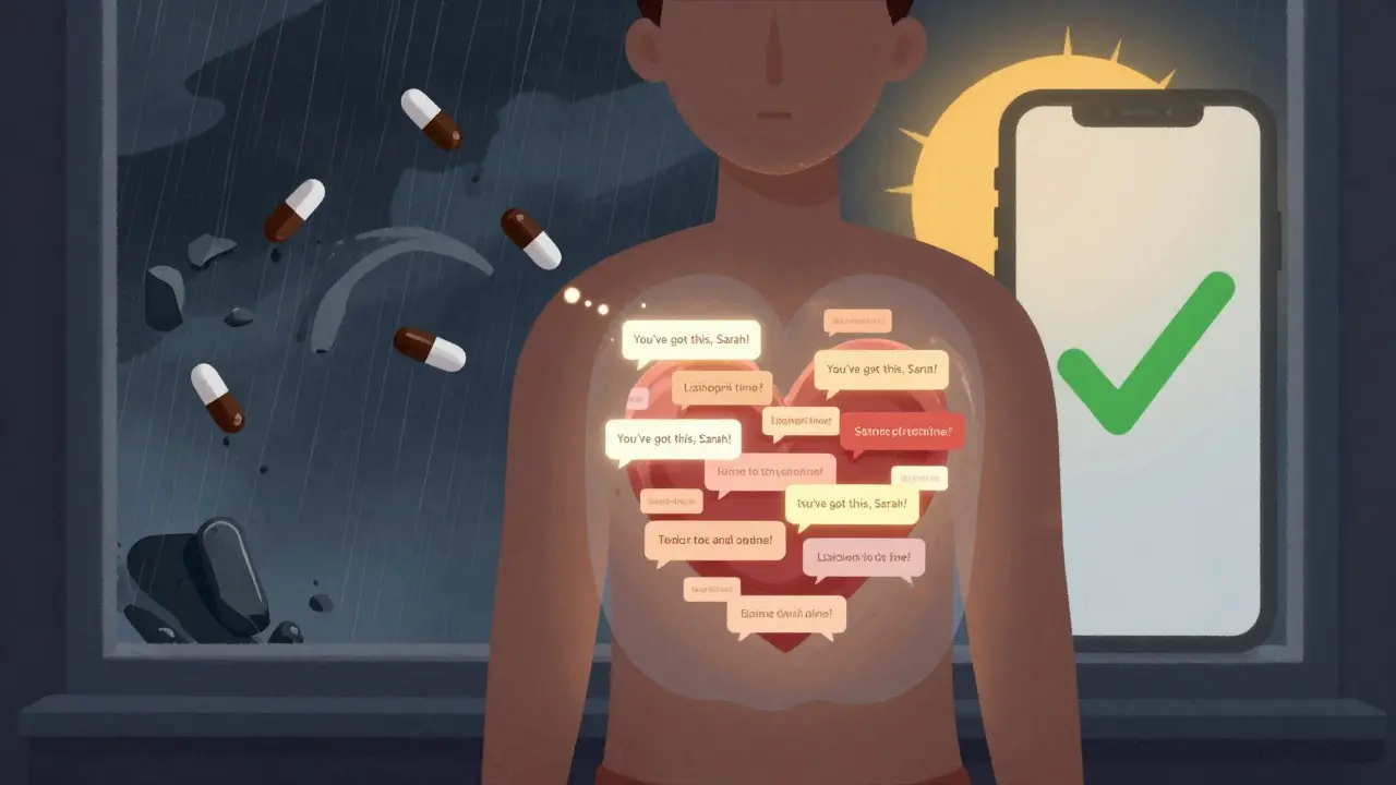 A person with a chest revealing a heart made of personalized text reminders, glowing with encouragement.