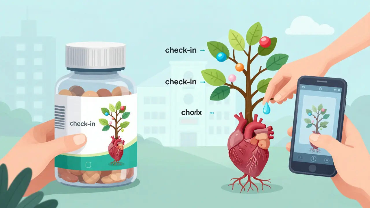 A pill bottle being scanned by a phone, projecting a growing holographic tree whose leaves represent medications, rooted in a heart, with a hand watering it.