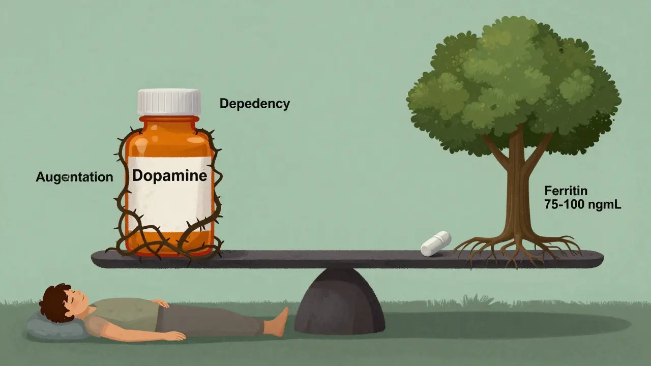 A scale weighing dopamine drugs against iron, showing one side tangled in vines and the other growing a healthy tree.