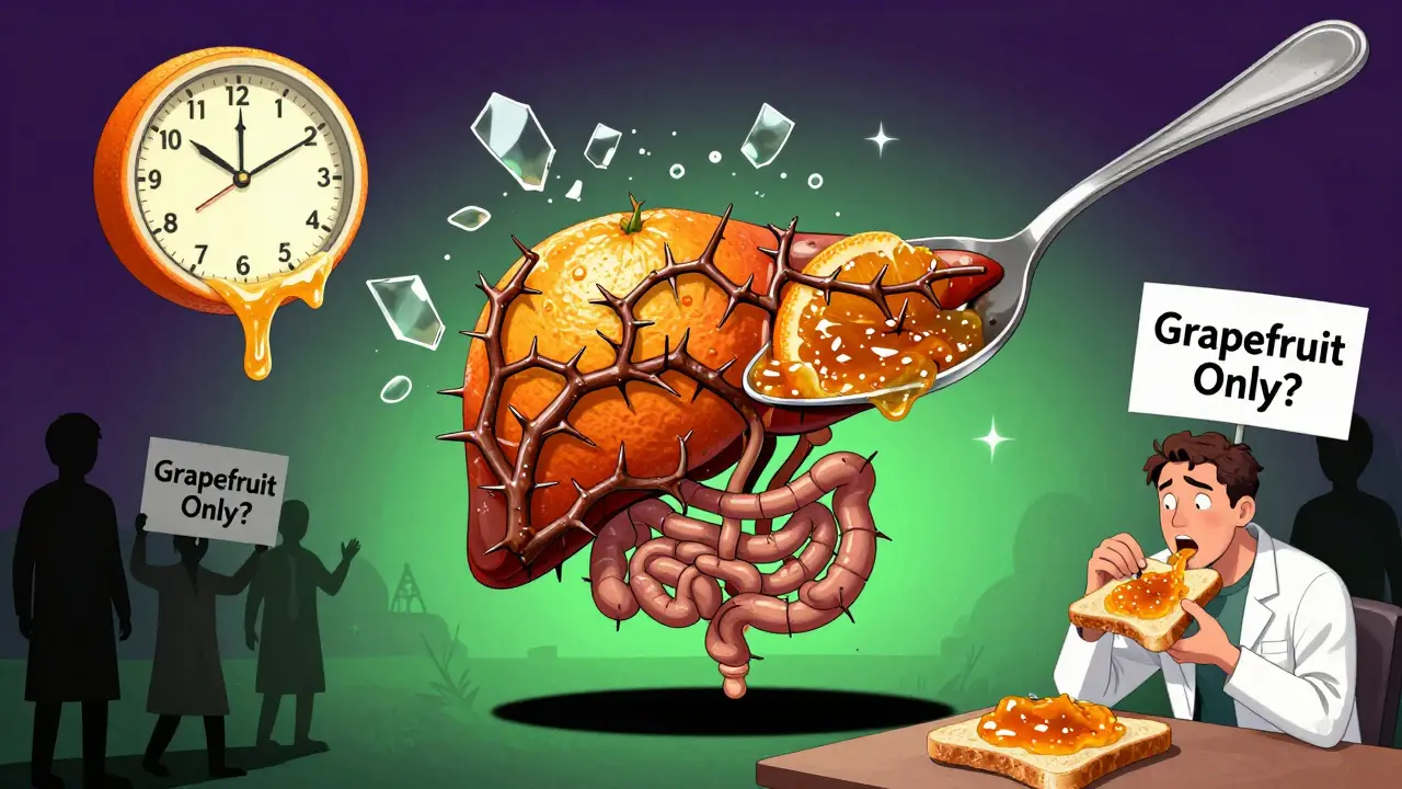 A spoon of Seville orange marmalade forming thorny branches that damage internal organs, with melting clocks.