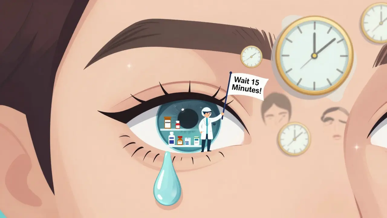 A tear contains miniature eye drop bottles, with a doctor on a contact lens signaling to wait.