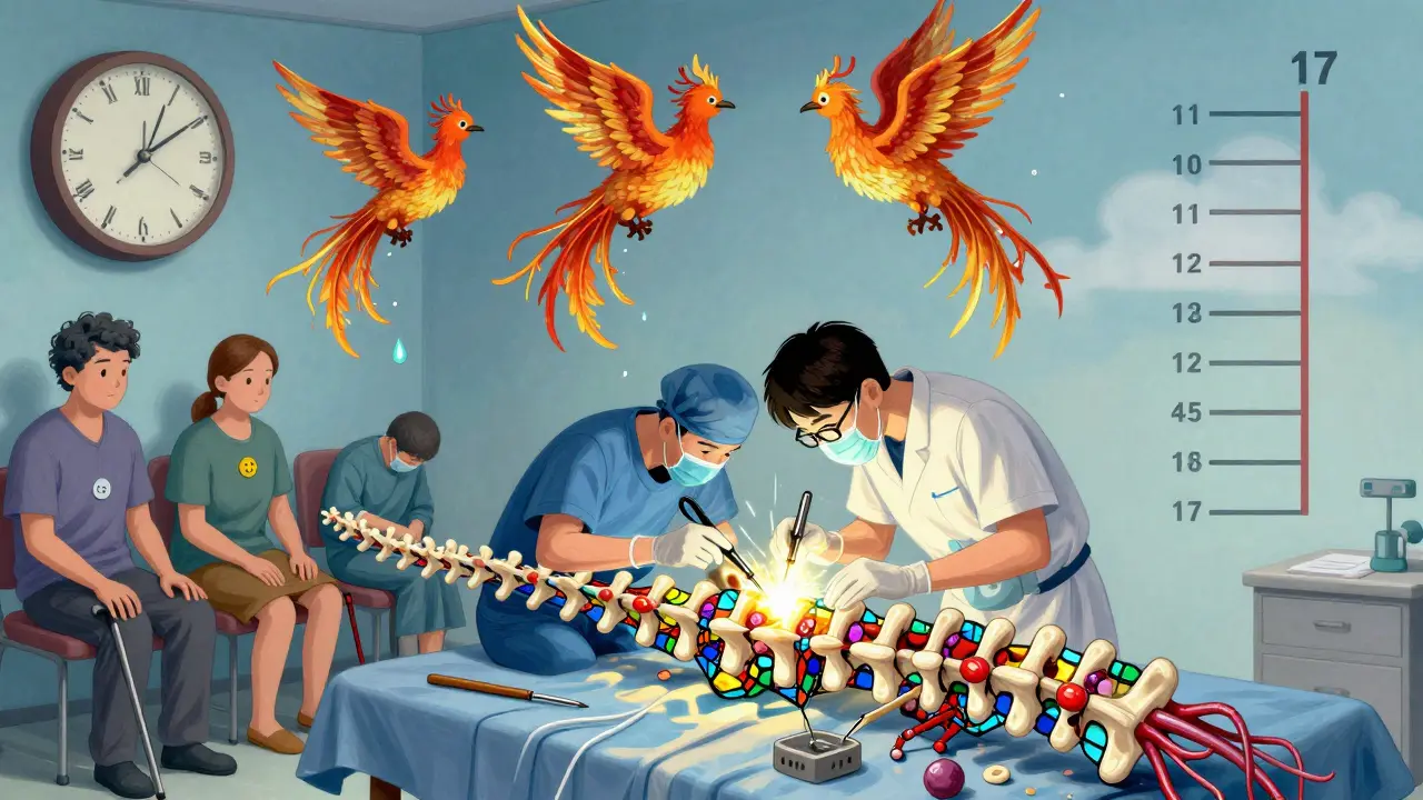A tiny surgeon repairs a stained-glass spine with artificial discs, as lost motor skills rise like rebirths from damaged nerves under a rising JOA score.