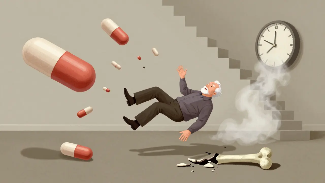 An elderly person falling surrounded by dissolving pills, representing increased fall risk.