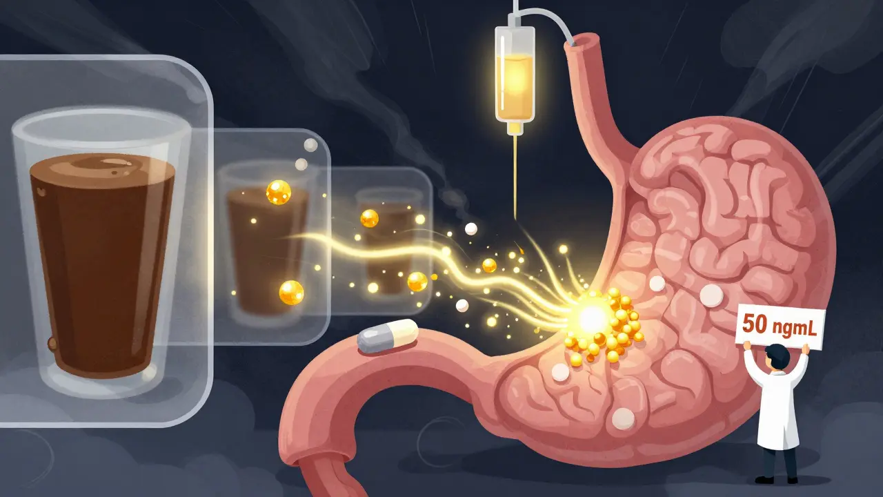 An iron pill battling blockers like coffee and calcium, with an IV drip bypassing them to reach the brain.