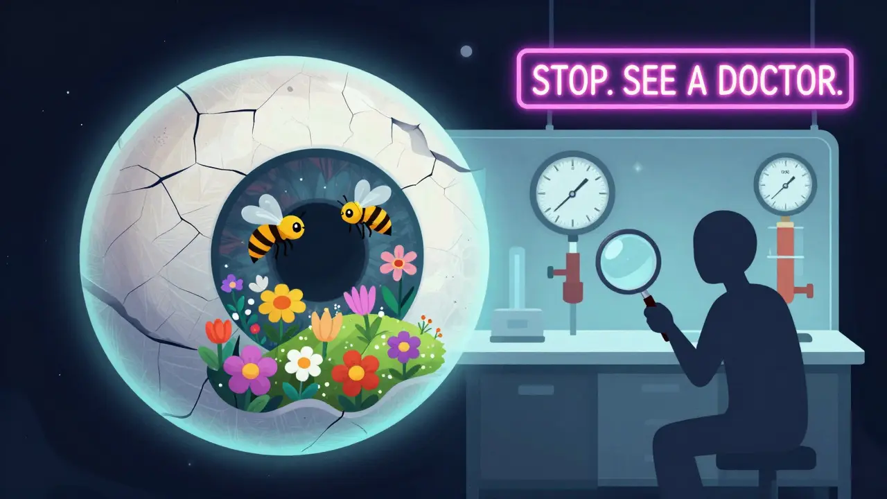 An open eyeball reveals an allergic garden on one side and a warning lab scene on the other.