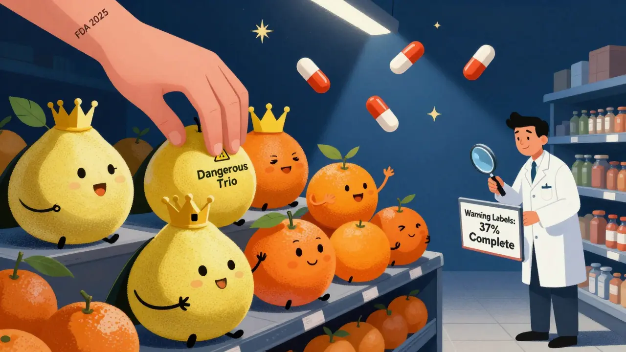 Crowned dangerous citrus fruits tower over safe ones in a surreal grocery aisle, with a pharmacist and FDA hand.