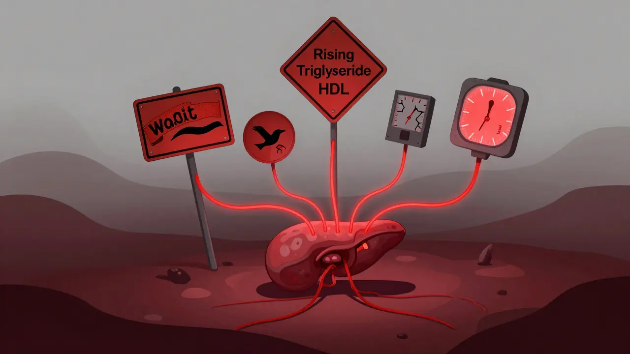 Five warning signs connected to a collapsing pancreas in a surreal body landscape, representing metabolic syndrome.