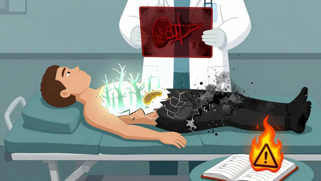 Fractured body with one half healing as a forest, the other crumbling to ash under medical oversight.