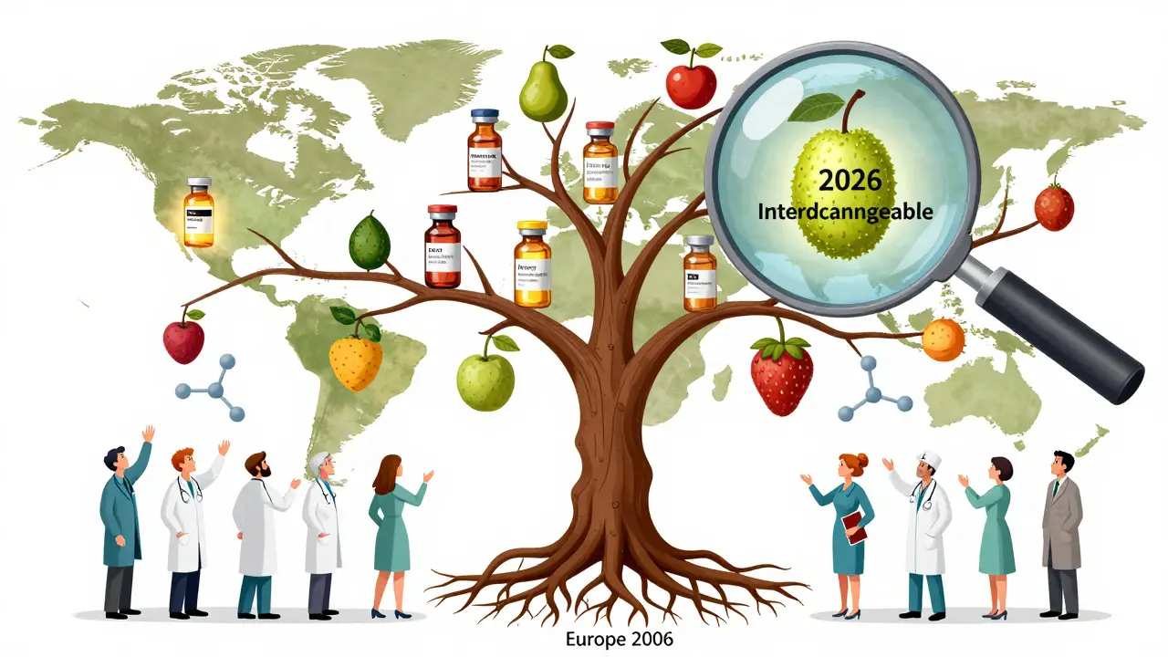 Futuristic medical tree with biosimilar fruits growing from European roots to North American branches under an FDA magnifying glass.