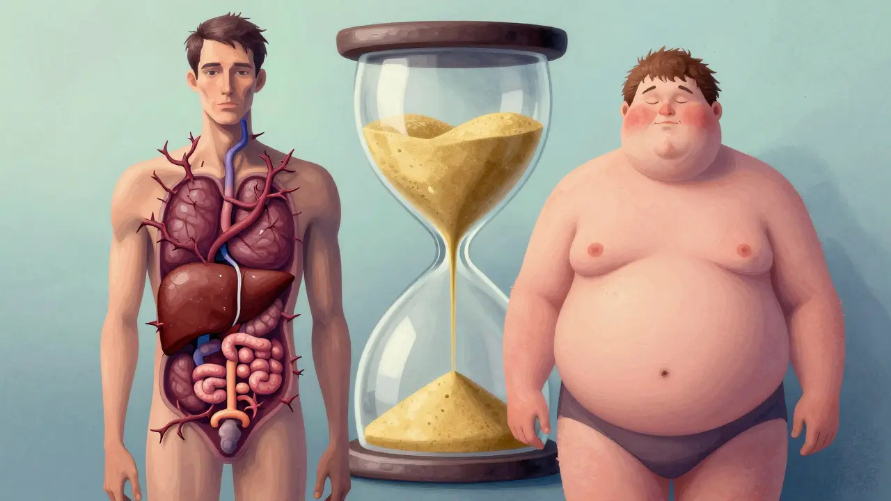 Lean and overweight individuals with internal fat vines choking organs, under an hourglass of turning insulin.