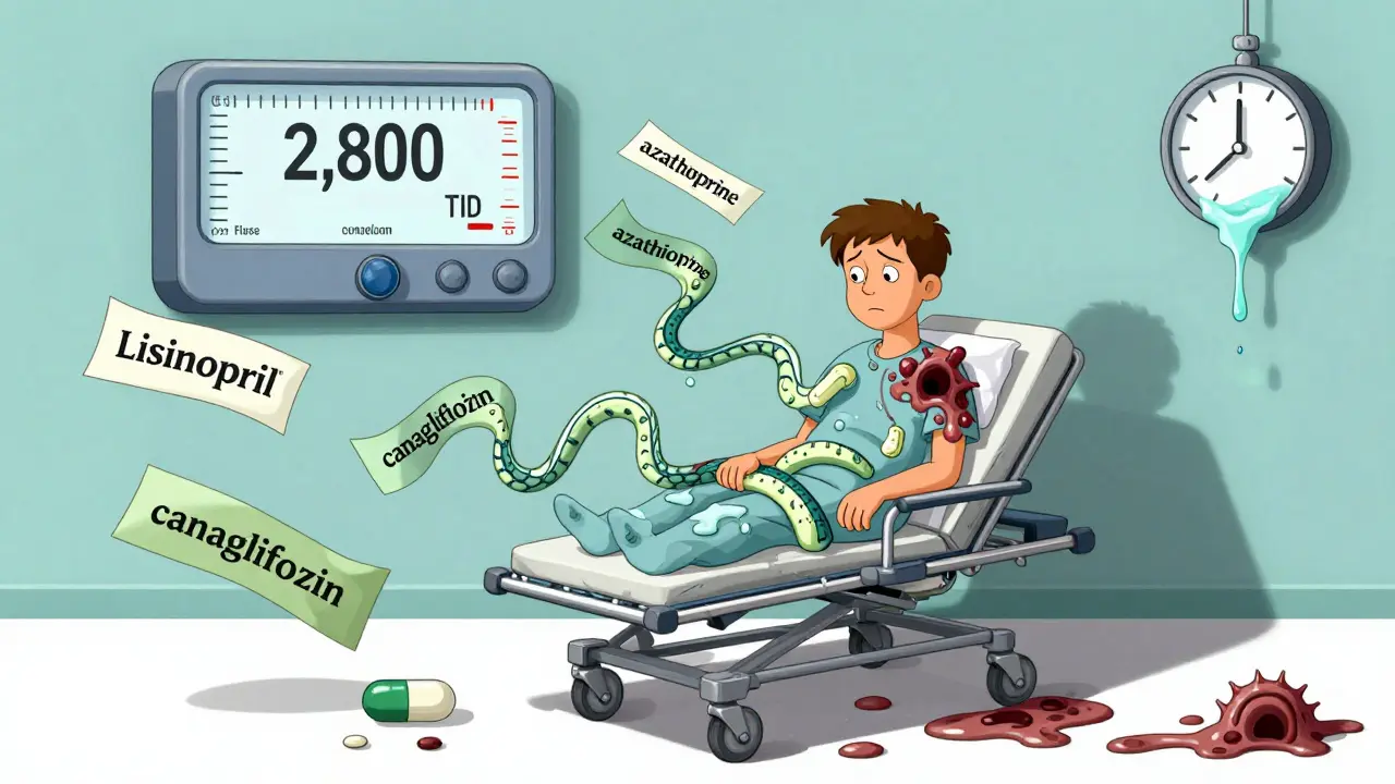 Patient surrounded by twisting medication labels as a giant lipase meter spikes into the sky.