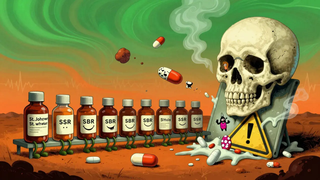 Pharmacy bottles crawling toward SSRIs under a skull-shaped warning sign in a toxic-colored landscape.
