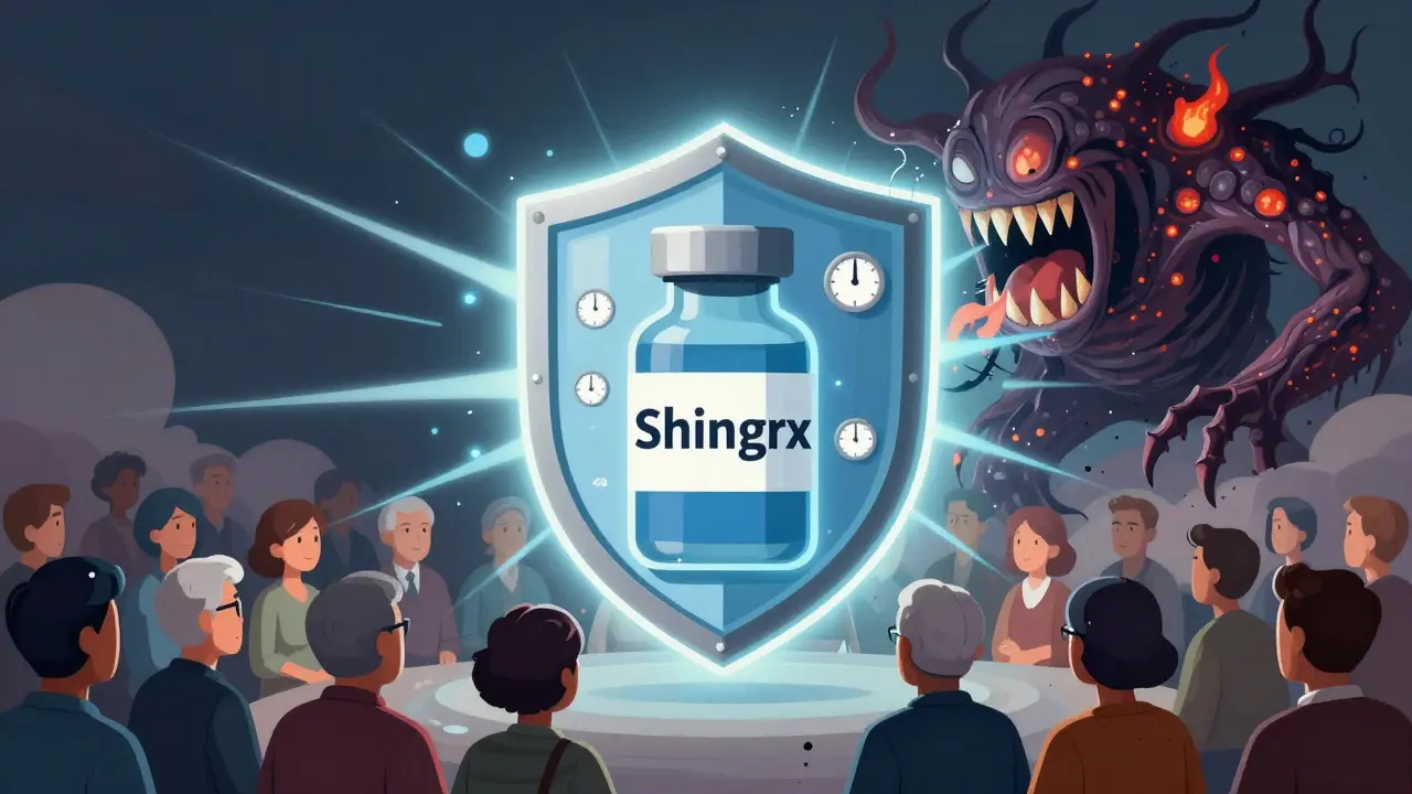 Shingrix vaccine shield emitting protective light, shrinking a monstrous shingles creature into dust.