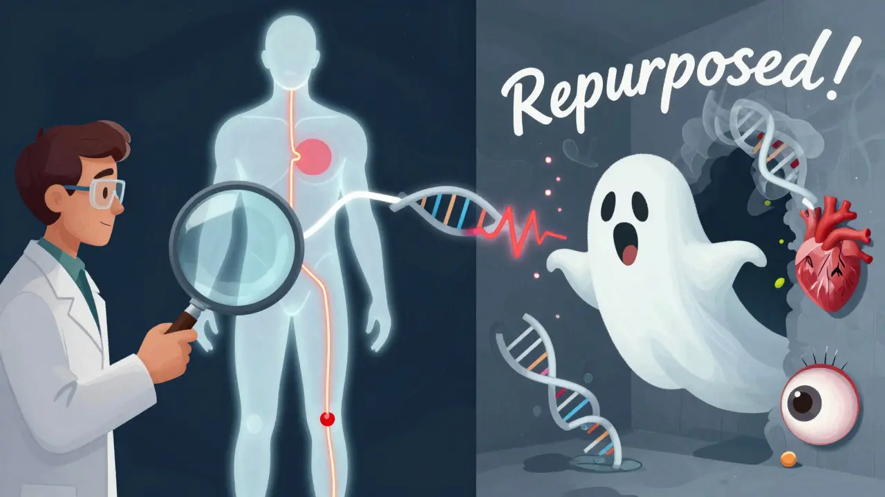 Split illustration showing predicted drug effects on one side and unexpected side effects on the other.