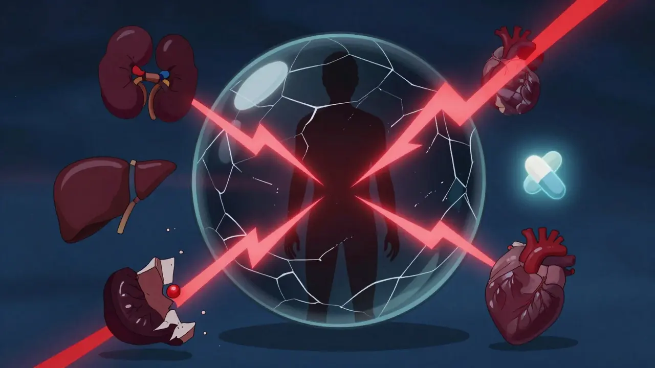 Surreal image of a dark glass sphere with red lightning inside, representing lactic acidosis, while a single metformin pill remains safely outside.