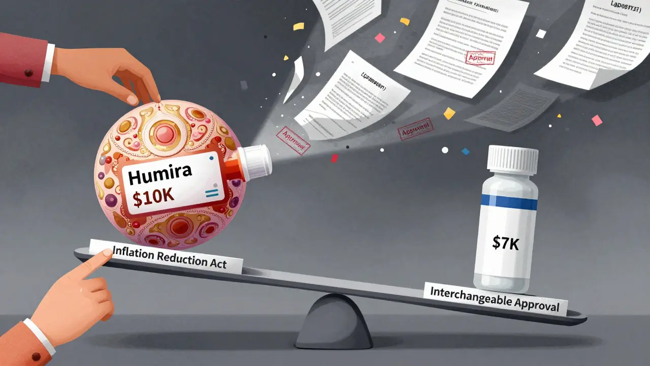 Surreal scale balancing expensive biologic drug against cheaper biosimilar, tipped by regulatory weights and patient hands.