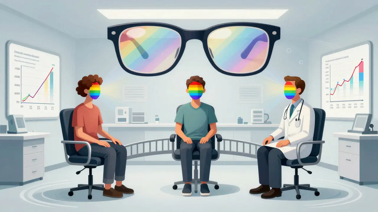 Three patients on floating chairs surrounded by identical data streams, symbolizing equal treatment outcomes in an abstract doctor's office.