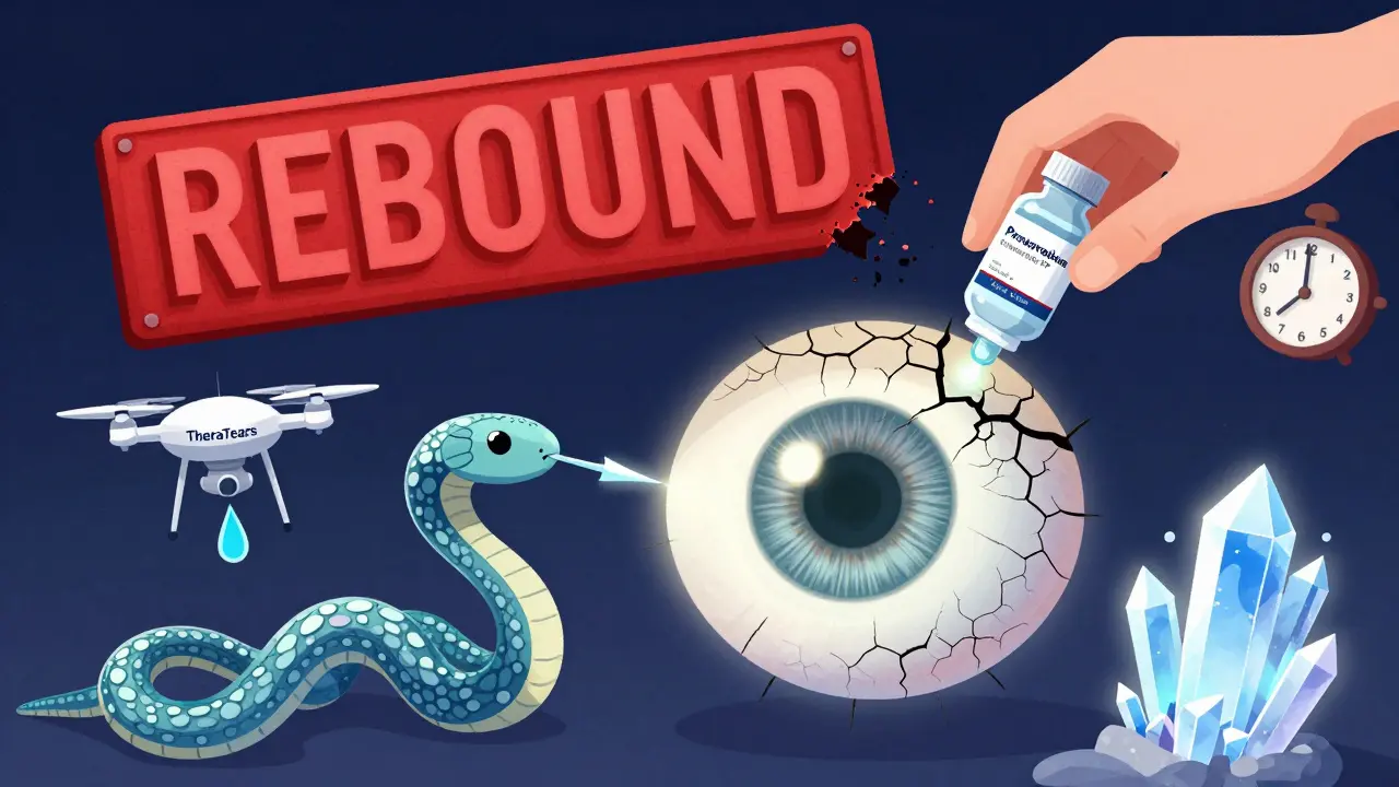 A cracked human eye being healed by floating instruments representing TheraTears, Systane Complete PF, and Thealoz Duo, as a red 'REBOUND' sign disintegrates.