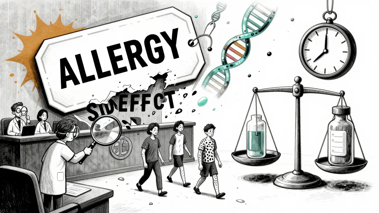 A label reading 'ALLERGY' being torn away to reveal 'SIDE EFFECT' as patients walk free in a surreal courtroom.