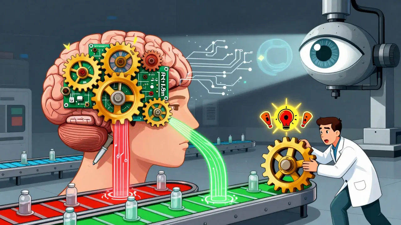 A mechanical brain with data streams flowing into production lines, one gear slipping as an inspector tries to fix it.