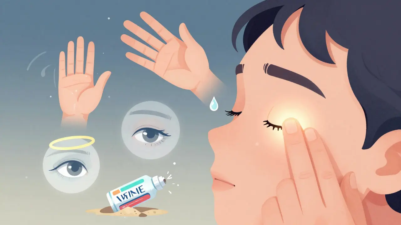 A person correctly applying an eye drop with floating instructional icons, a discarded redness drop crumbling, and a glowing inner corner being pressed shut.