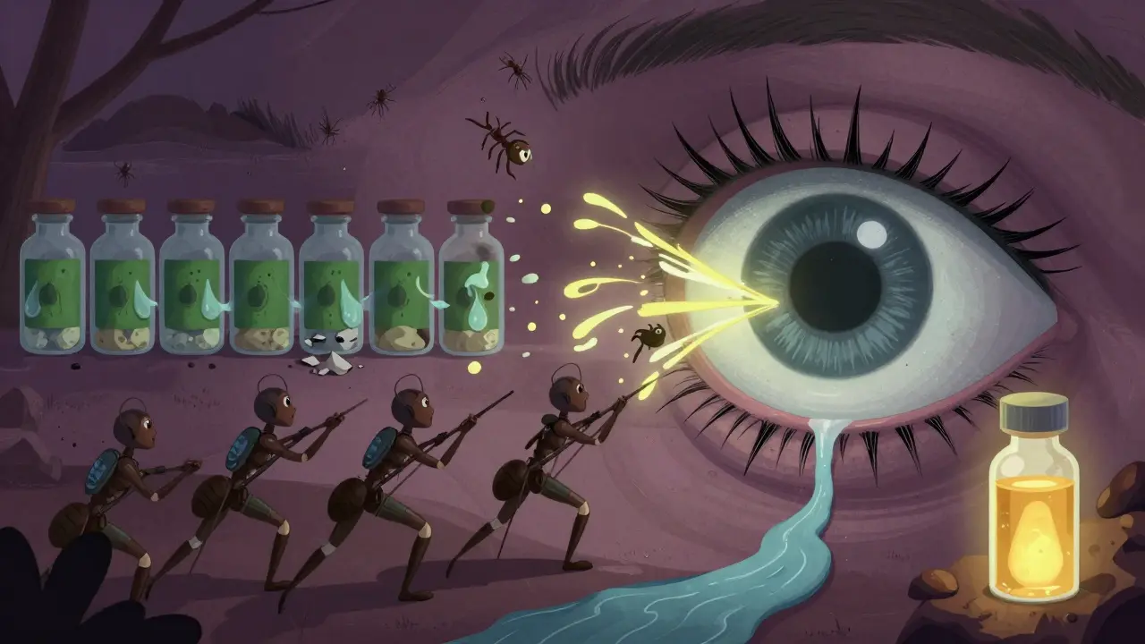 A surreal battle inside an eye between antihistamine soldiers and pollen monsters, with preserved vials crumbling and a glowing preservative-free vial shining.