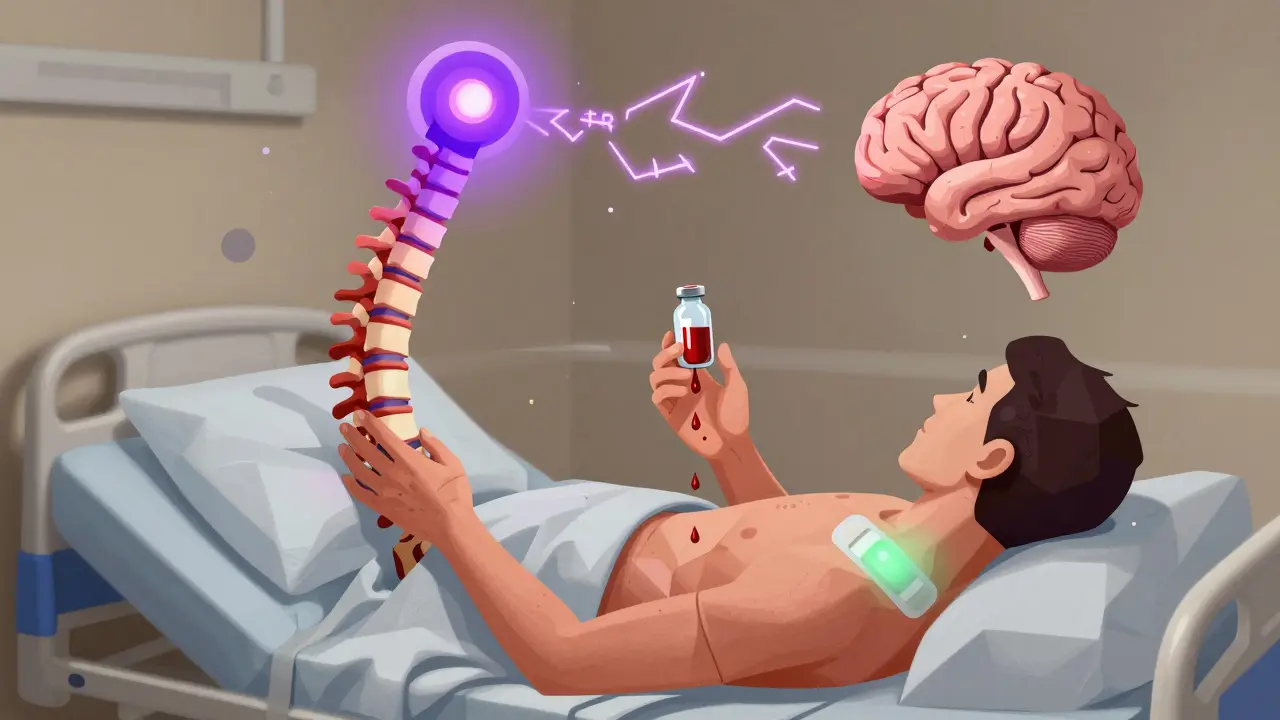 A surreal spinal cord emitting itch signals to a brain, with morphine dripping red and fentanyl glowing green.