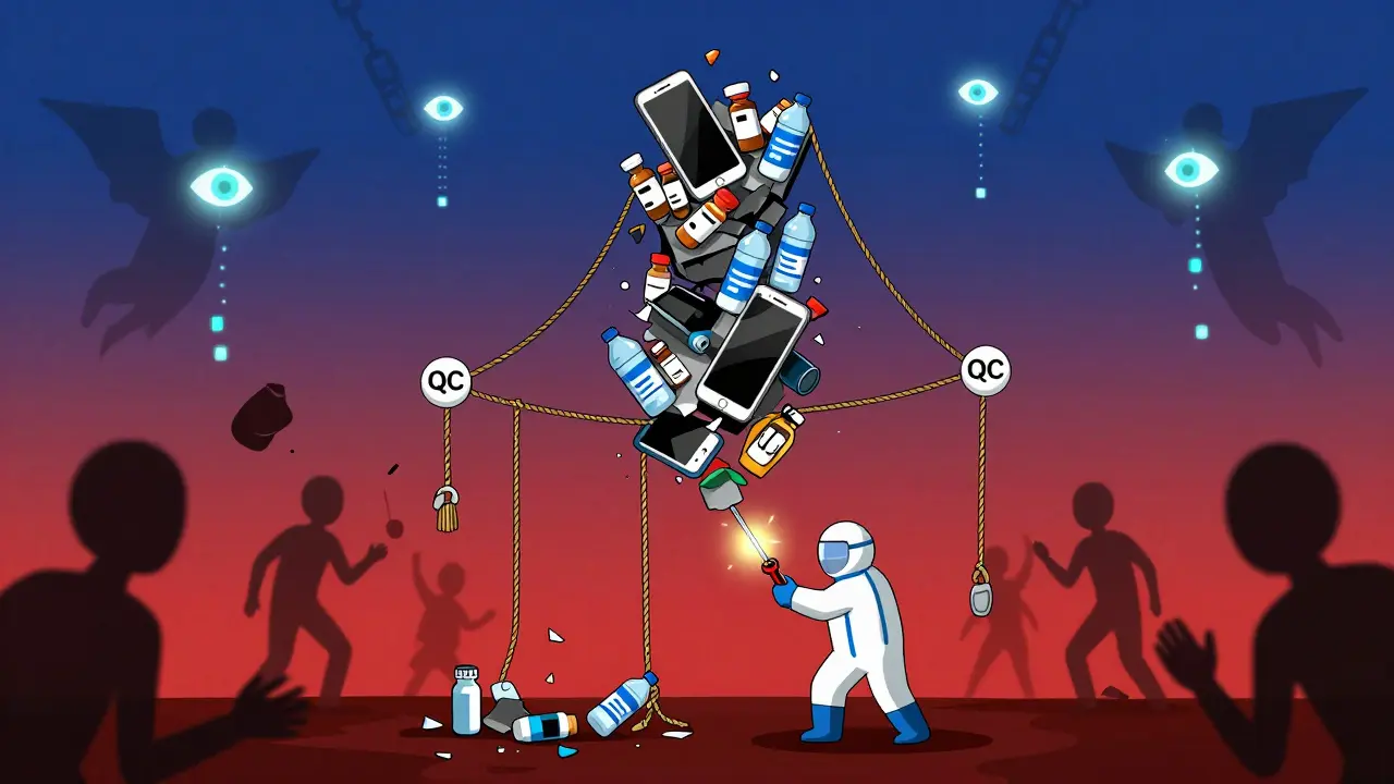 A tower of products held by six ropes, a lone worker tightening the last as AI and blockchain descend above.