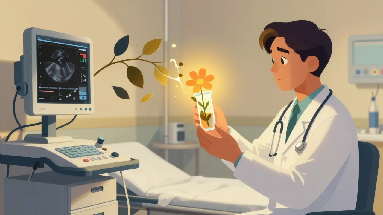 Doctor holding glowing vial transforming into flower, machine becoming leaves