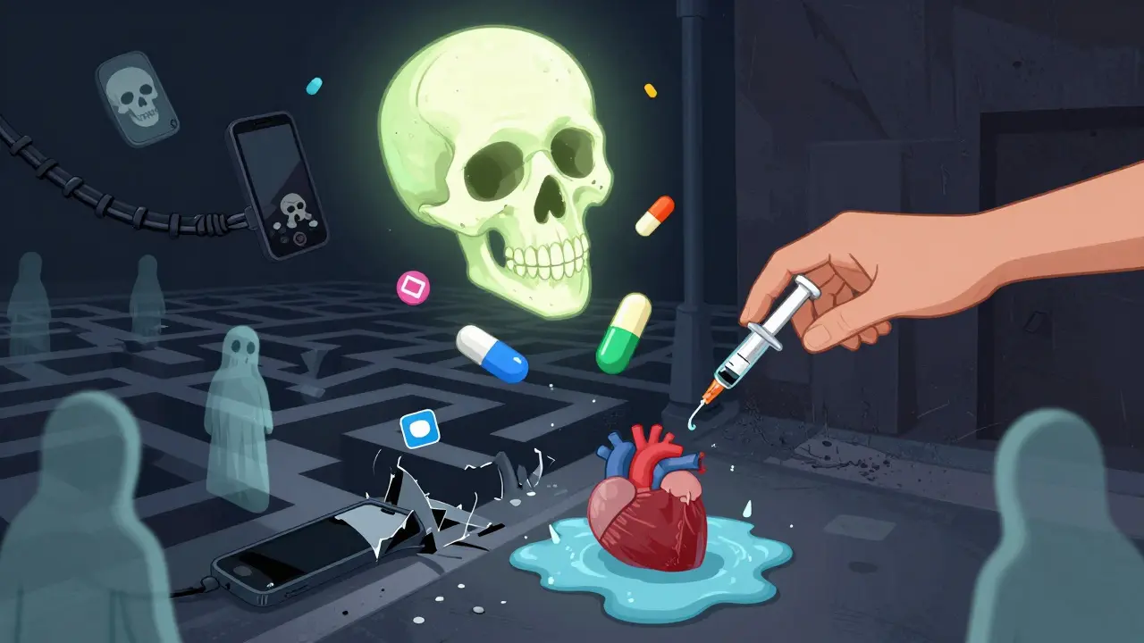 Fentanyl-shaped skulls float above a dark alley where a naloxone syringe drips into a human heart.