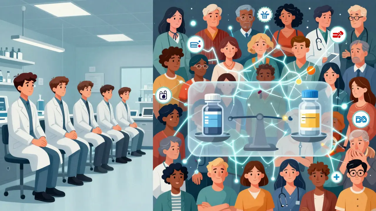 Split scene: sterile traditional trial vs. diverse real-world patients connected by neural networks mapping drug clearance rates.