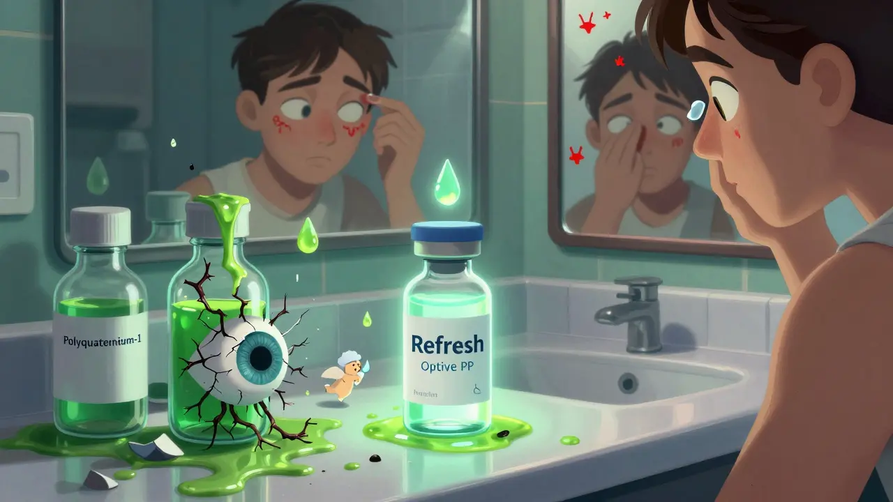 Surreal bathroom scene with a glowing preservative-free vial surrounded by crumbling bottles leaking toxins, while a tear-shaped angel repairs a damaged cornea.