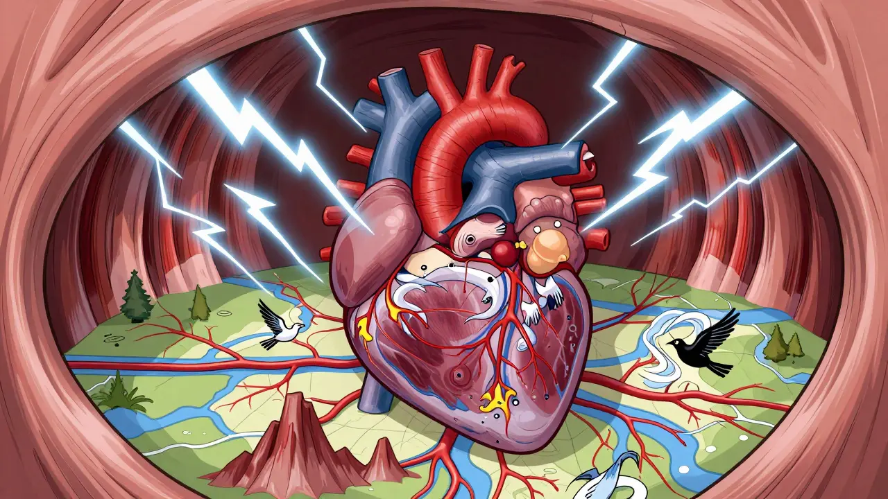 A chaotic throat battlefield with lightning storms and swirling birds symbolizing arrhythmia disrupting blood flow.