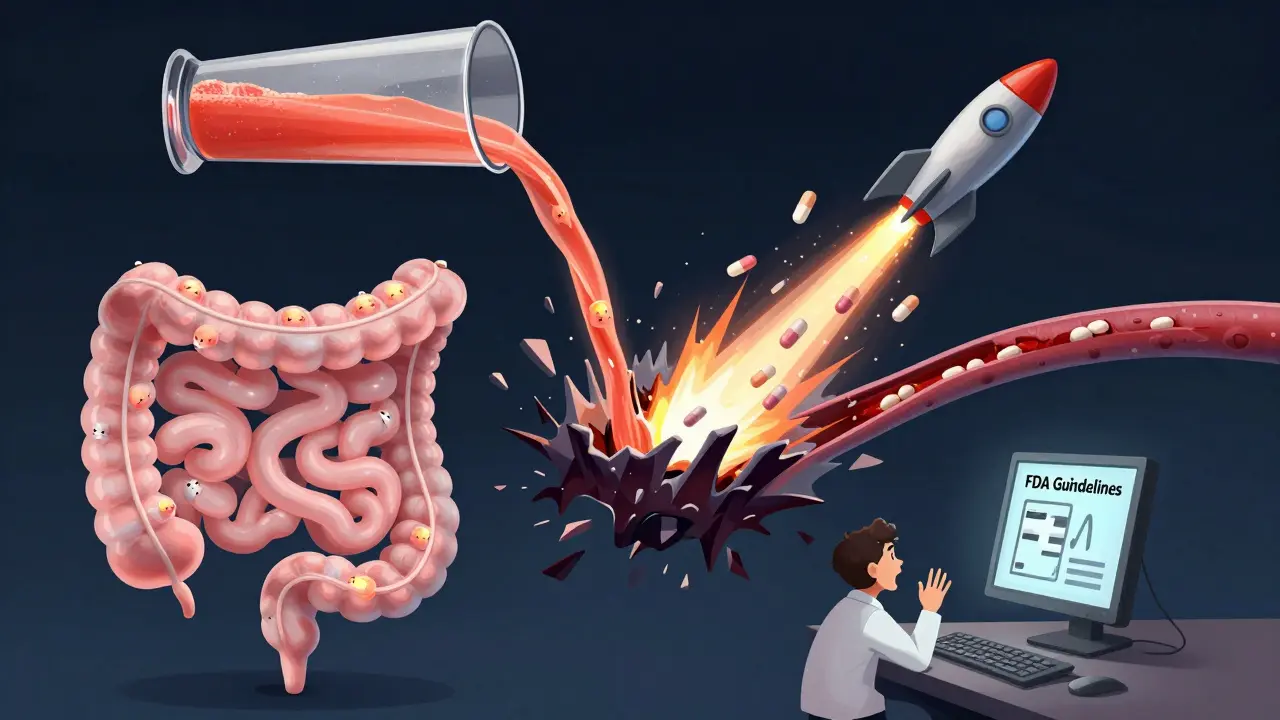 A glowing human intestine with sleeping enzymes is disrupted by grapefruit juice, causing statin pills to surge upward like a rocket blast.