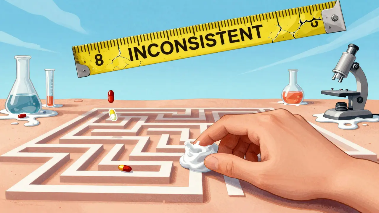 A hand applies cream to skin that becomes layered tape strips, with floating drug molecules and a broken measuring tape above.