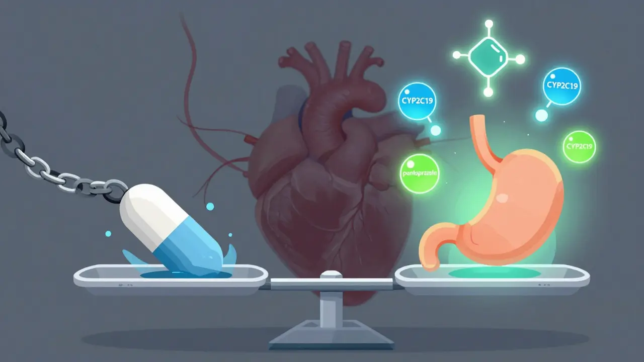 A medical scale with omeprazole sinking and pantoprazole/esomeprazole rising, surrounded by glowing enzyme icons representing drug interactions.