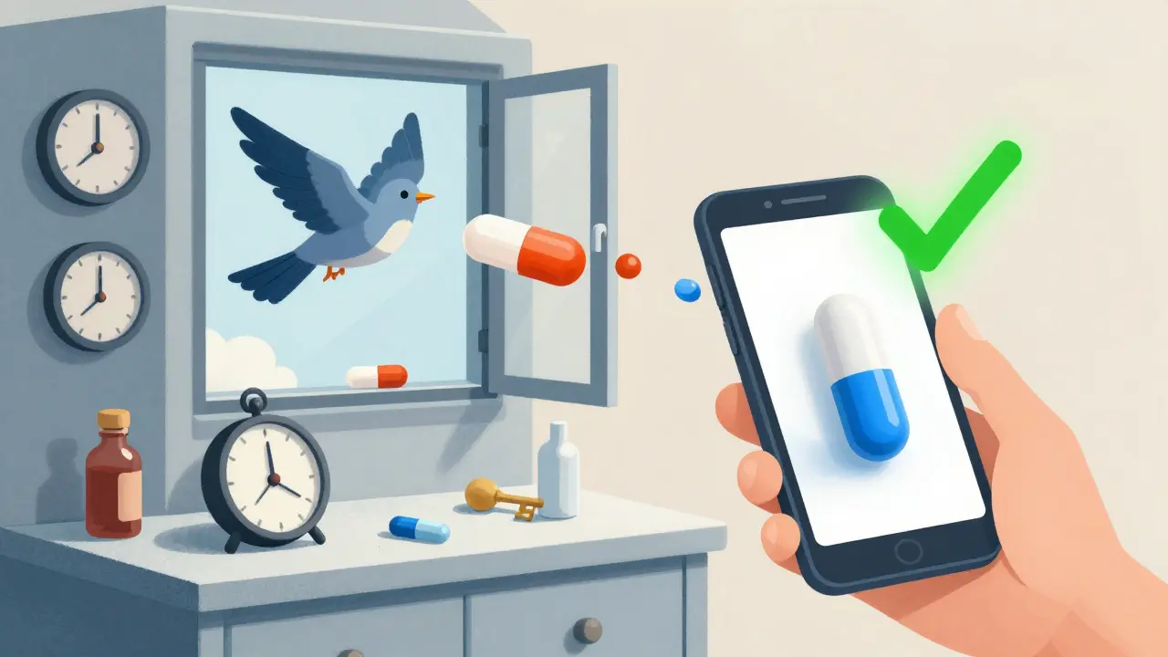 A medicine cabinet where pills turn into birds and clocks, while a smartphone displays a photo confirming the medication is unchanged.
