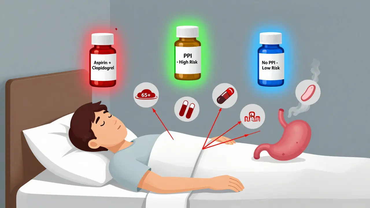 A patient surrounded by floating risk icons and pill bottles, showing which PPI use is needed based on individual risk factors.