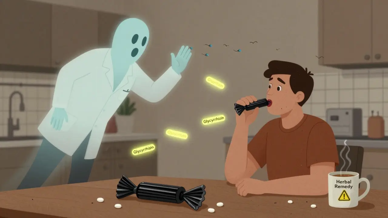 A person eats licorice candy that releases harmful compounds, causing potassium to escape and hormones to celebrate.