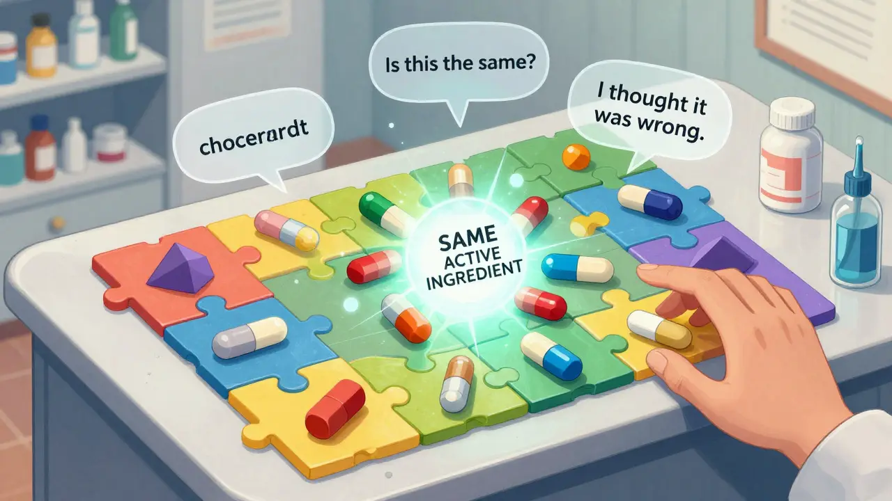 A pharmacist’s counter shaped like a puzzle, with mismatched pills converging into a glowing core labeled 'Same Active Ingredient.'