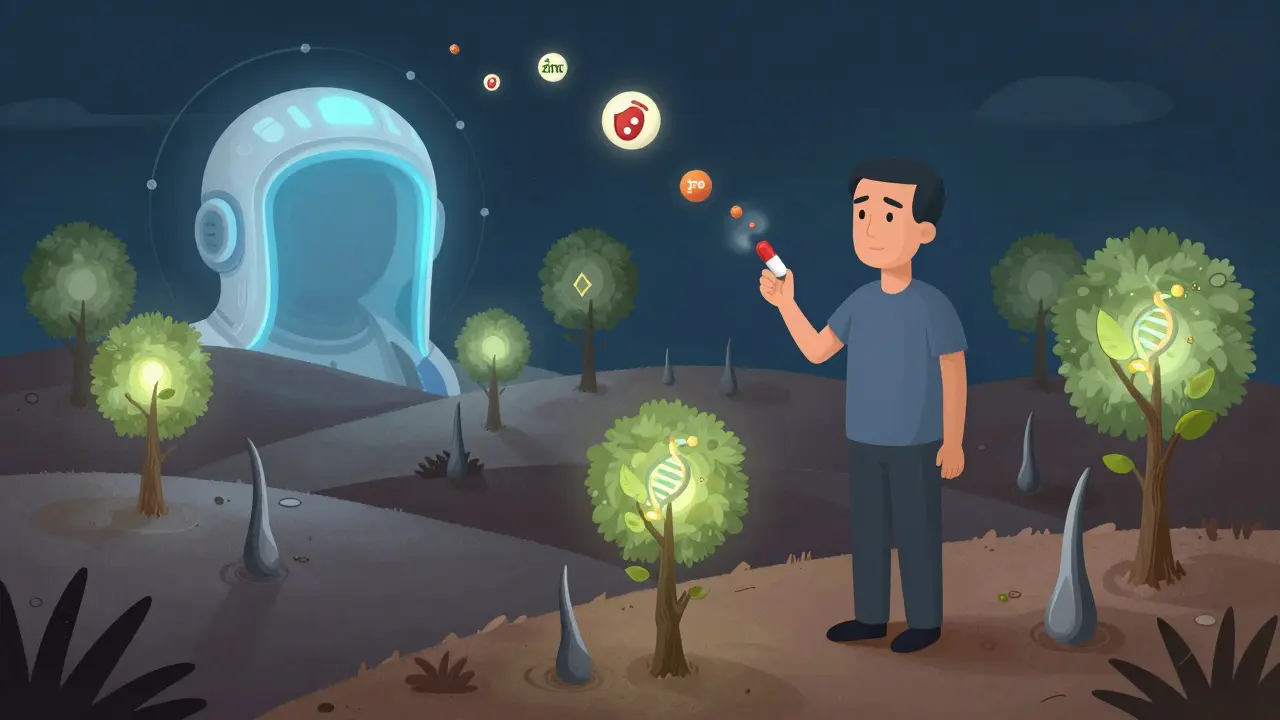 A scalp landscape with hair follicles as trees, some dying and others regrowing, under a cooling helmet.