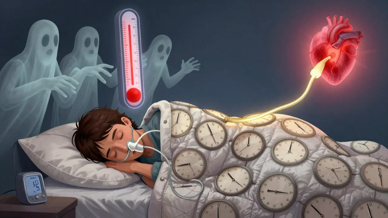 A sleeper under a clock quilt, with rising AHI meter and ghostly heart risks, connected by a golden CPAP lifeline.