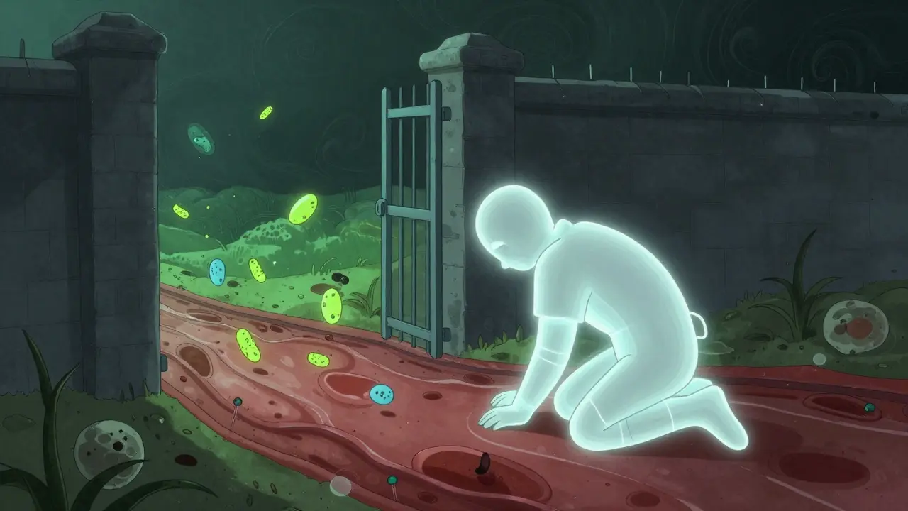 Abstract cartoon showing immune guard weakening while bacteria pass.