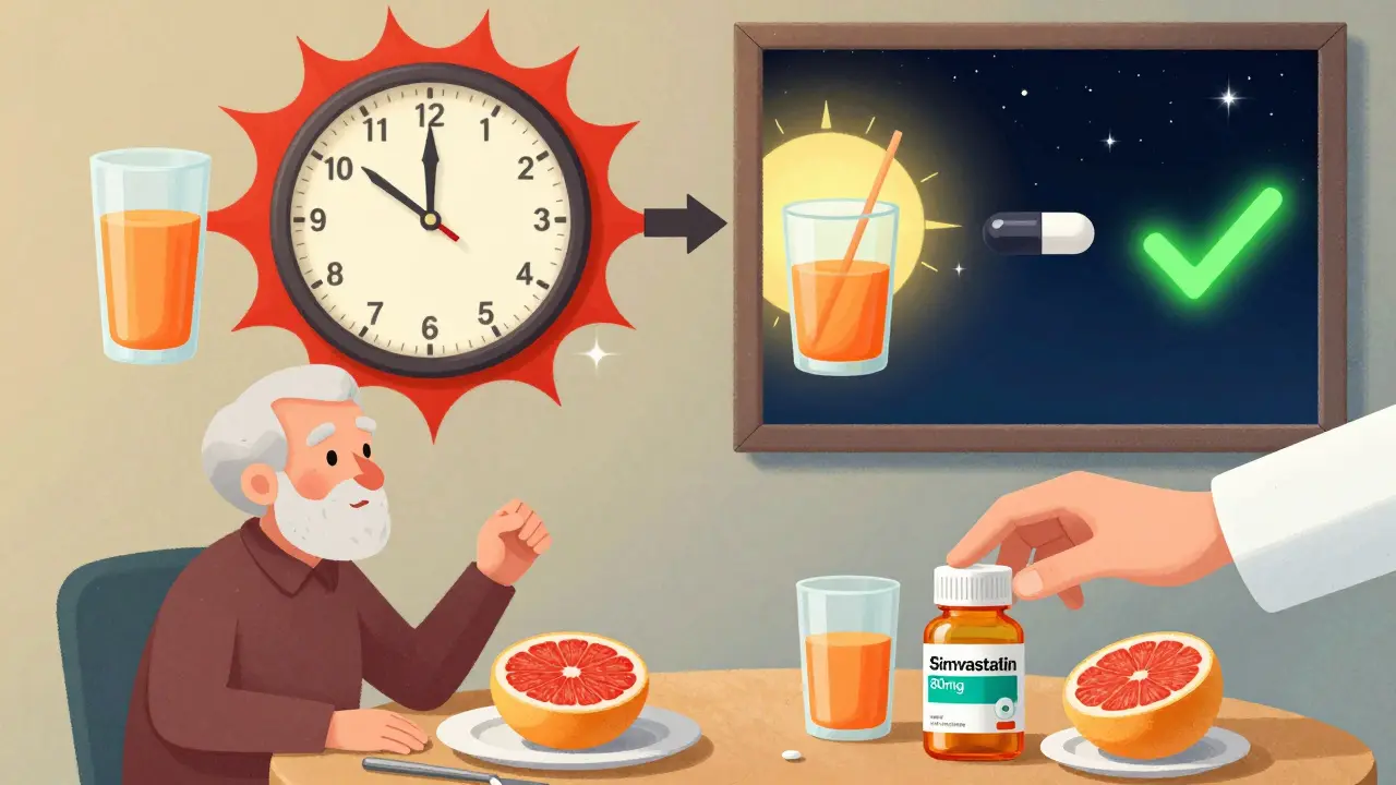 An elderly person at breakfast faces two timelines: one with danger, one with safe timing, as a doctor offers a safer statin alternative.