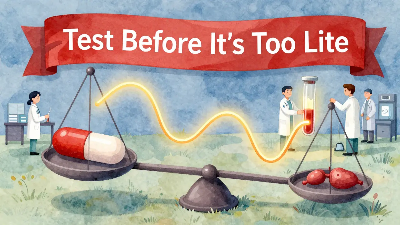 Balance scale with opioid pill vs adrenal gland, cortisol levels tipping low as medical team holds glowing blood test.