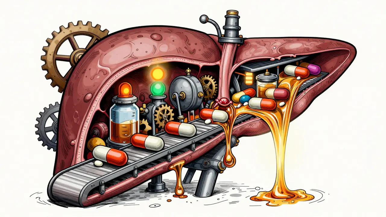 Cartoon liver depicted as an industrial filter clogged by colorful pills and liquid.