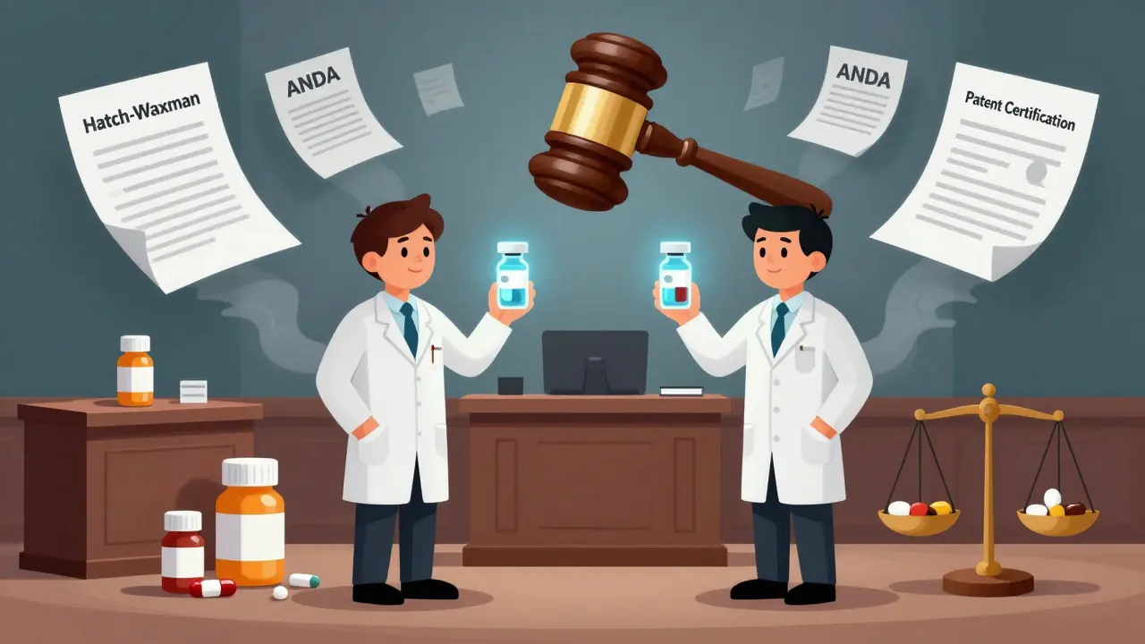 Identical twin drug figures in a courtroom with floating legal documents, judged by a FDA-seal gavel over pill-bottle bench.